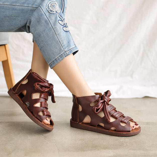 Women Peep Toe Lace-up Leather Roman Sandals