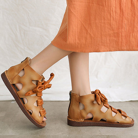 Women Peep Toe Lace-up Leather Roman Sandals