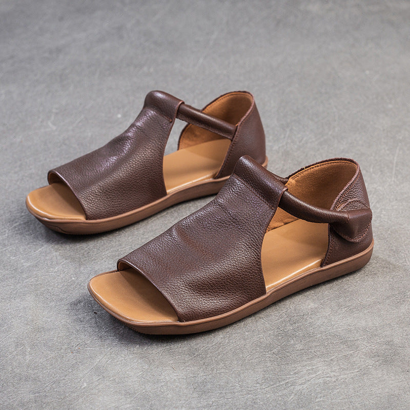 Women Peep Toe Velcro Casual Leather Flat Sandals