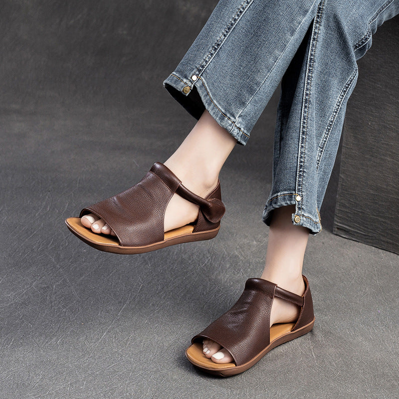 Women Peep Toe Velcro Casual Leather Flat Sandals