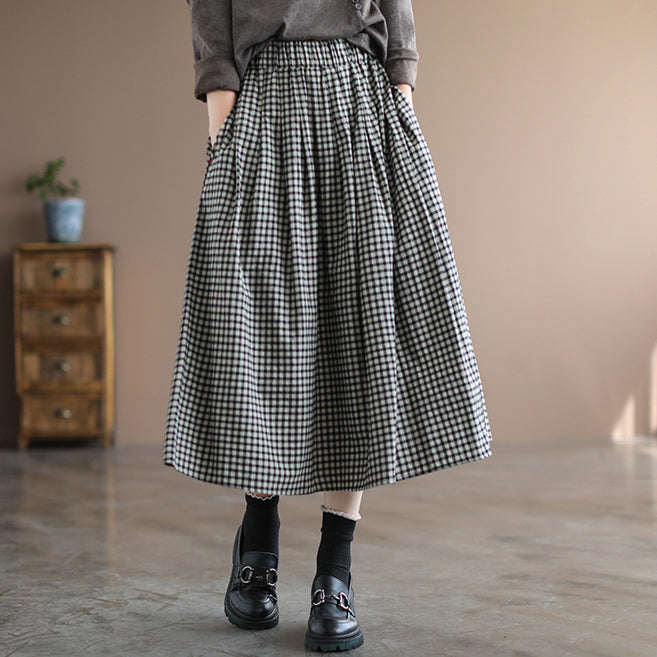 Women Retro Cotton Linen A-Line Plaid Skirt