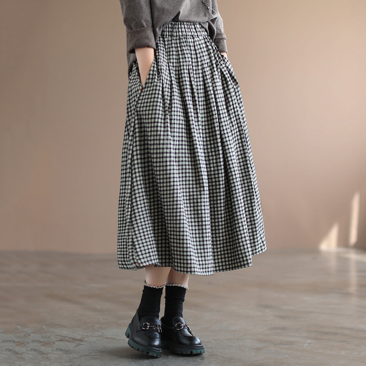 Women Retro Cotton Linen A-Line Plaid Skirt