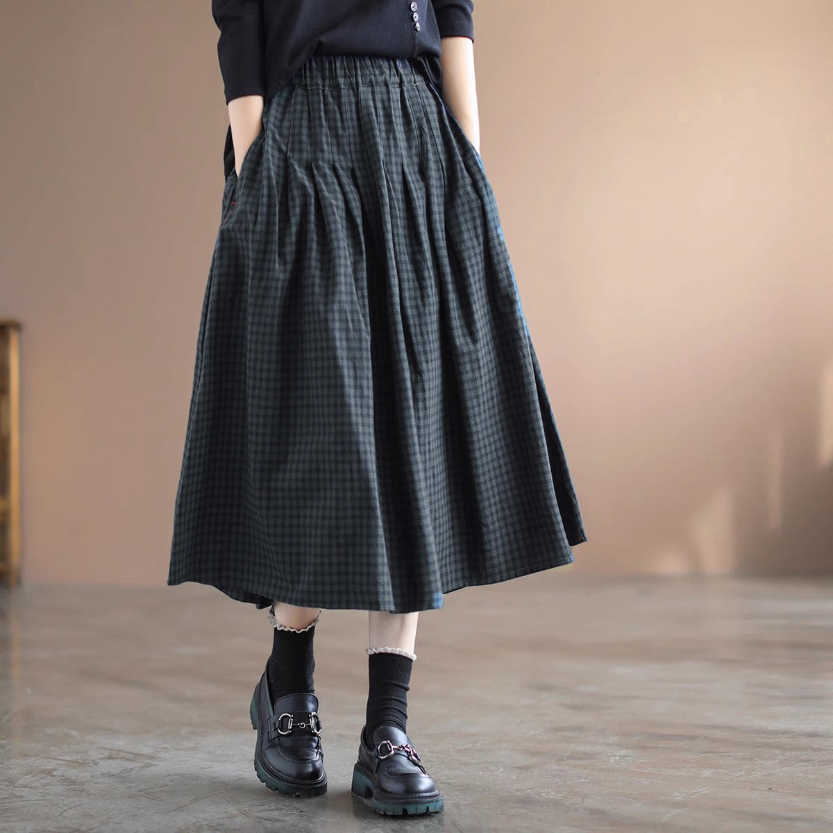 Women Retro Cotton Linen A-Line Plaid Skirt