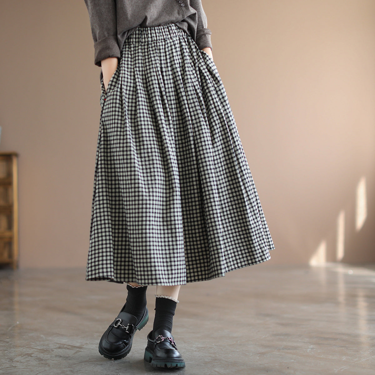 Women Retro Cotton Linen A-Line Plaid Skirt