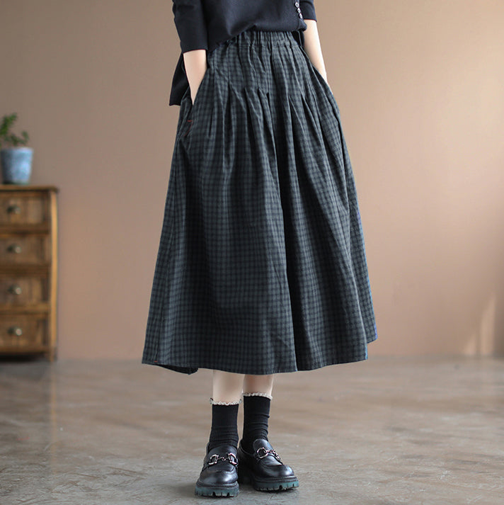 Women Retro Cotton Linen A-Line Plaid Skirt