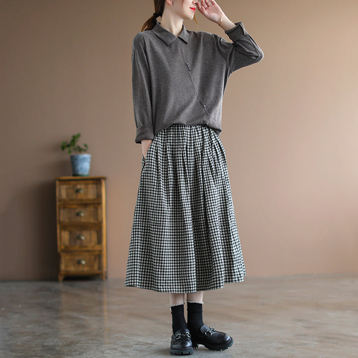 Women Retro Cotton Linen A-Line Plaid Skirt