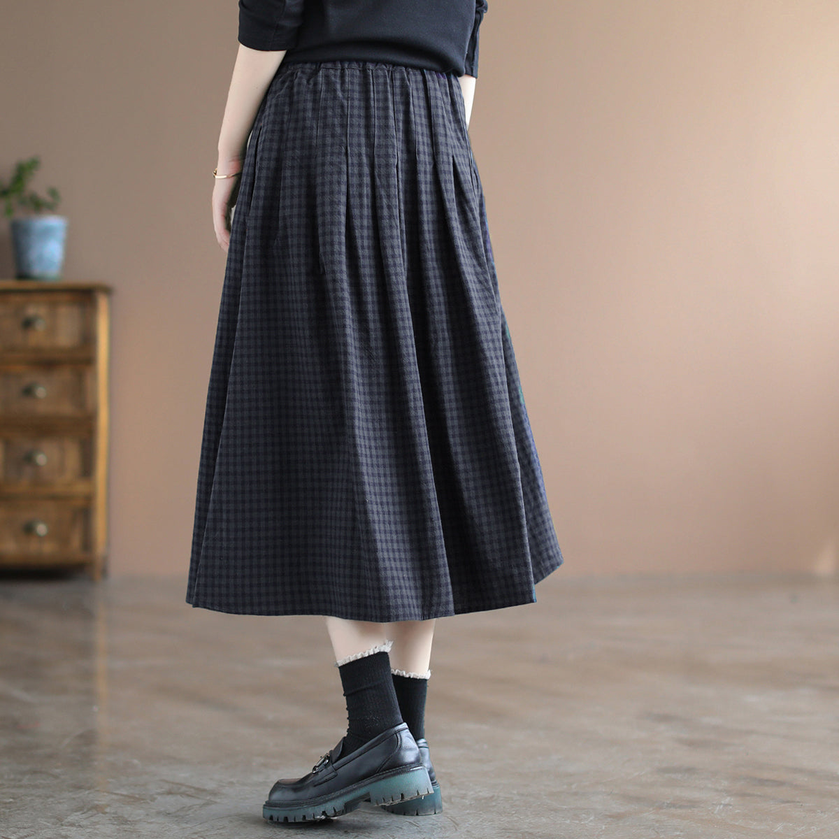 Women Retro Cotton Linen A-Line Plaid Skirt