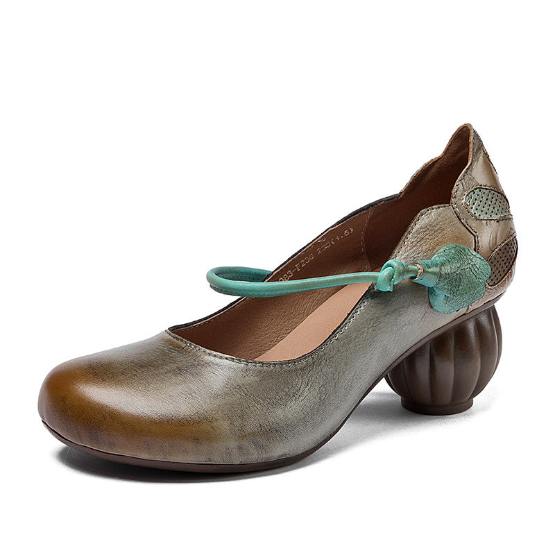 Women Retro Leather Round Toe Chunky Heels Shoes