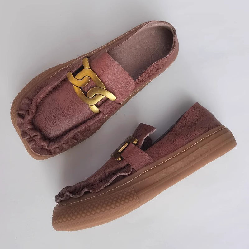 Women Vintage Ruched Handmade Leather Shoes