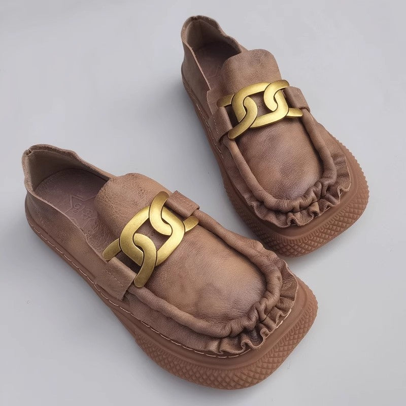 Women Vintage Ruched Handmade Leather Shoes