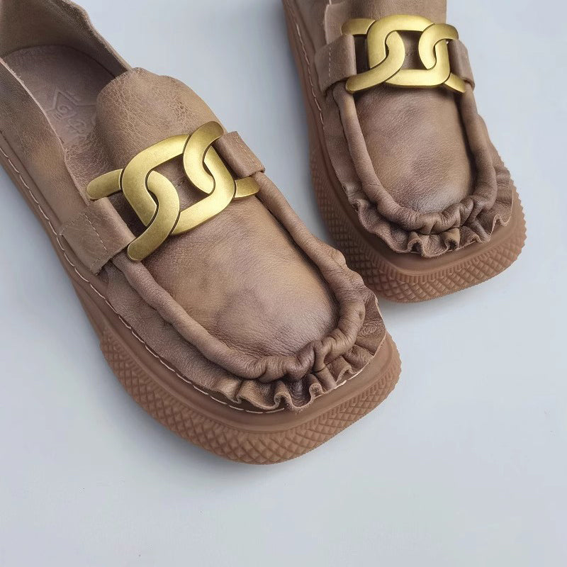 Women Vintage Ruched Handmade Leather Shoes