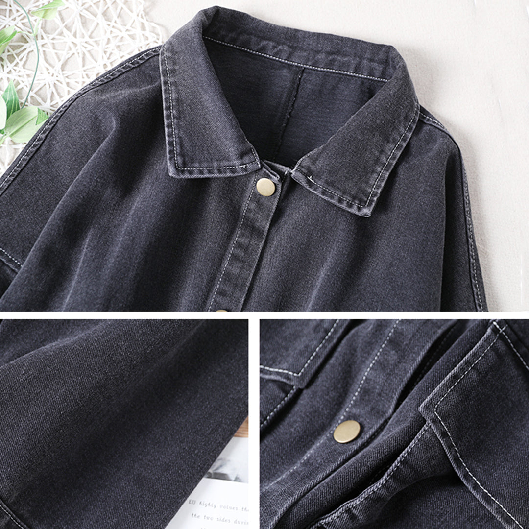 Autumn Lapel Large Pocket Distressed Denim Jacket