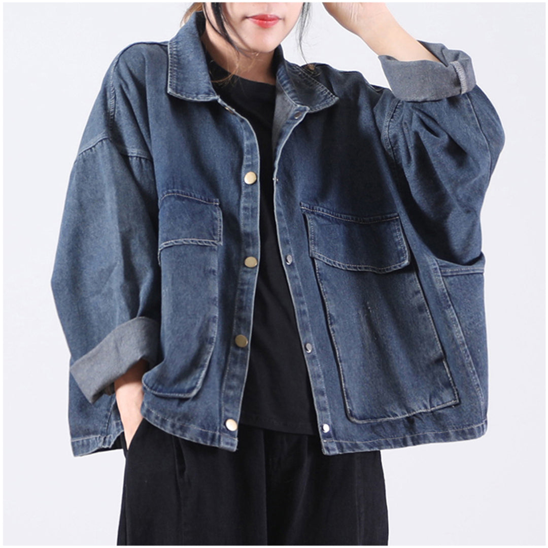 Autumn Lapel Large Pocket Distressed Denim Jacket