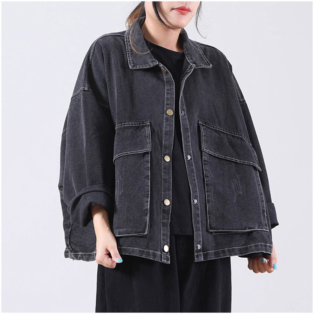 Autumn Lapel Large Pocket Distressed Denim Jacket