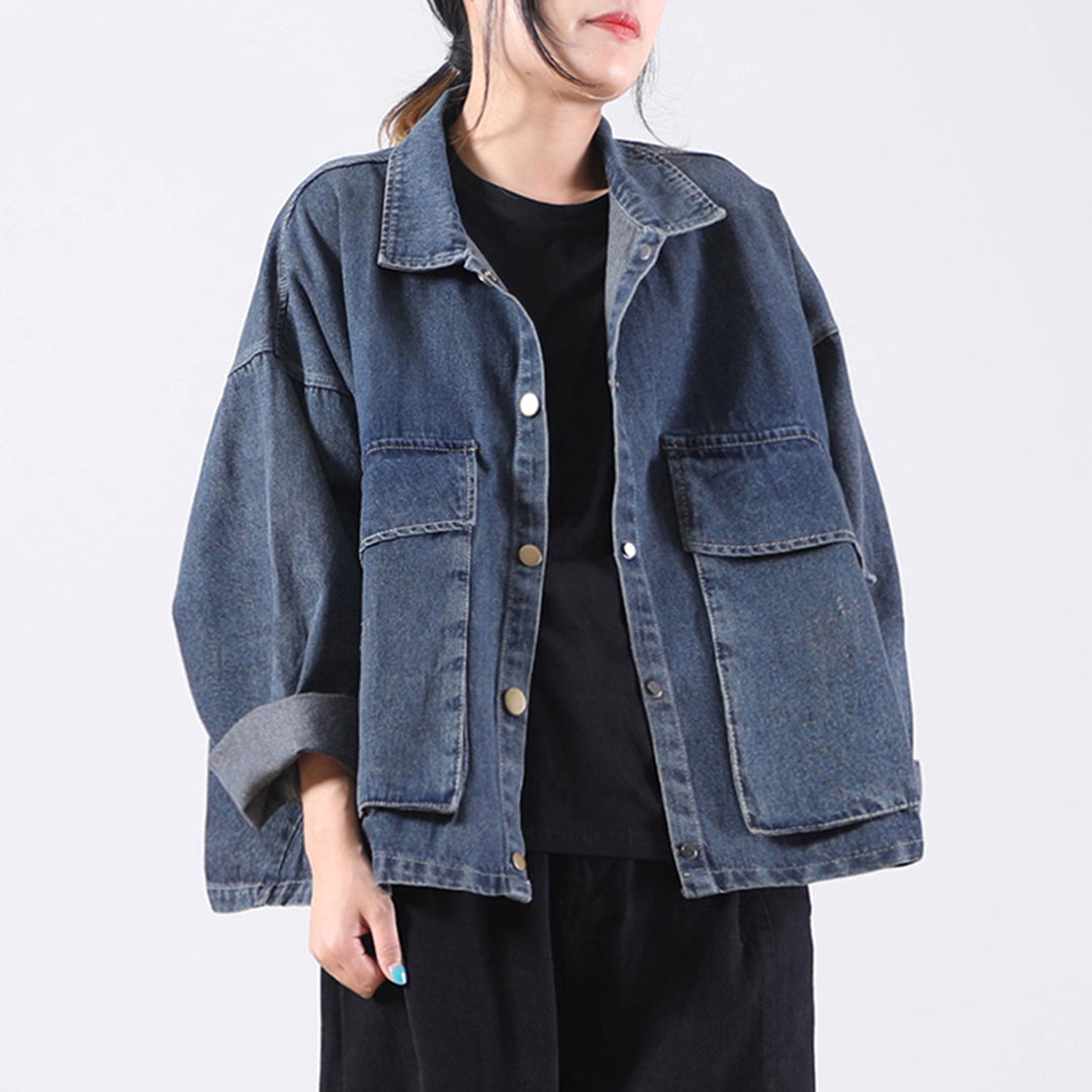 Autumn Lapel Large Pocket Distressed Denim Jacket