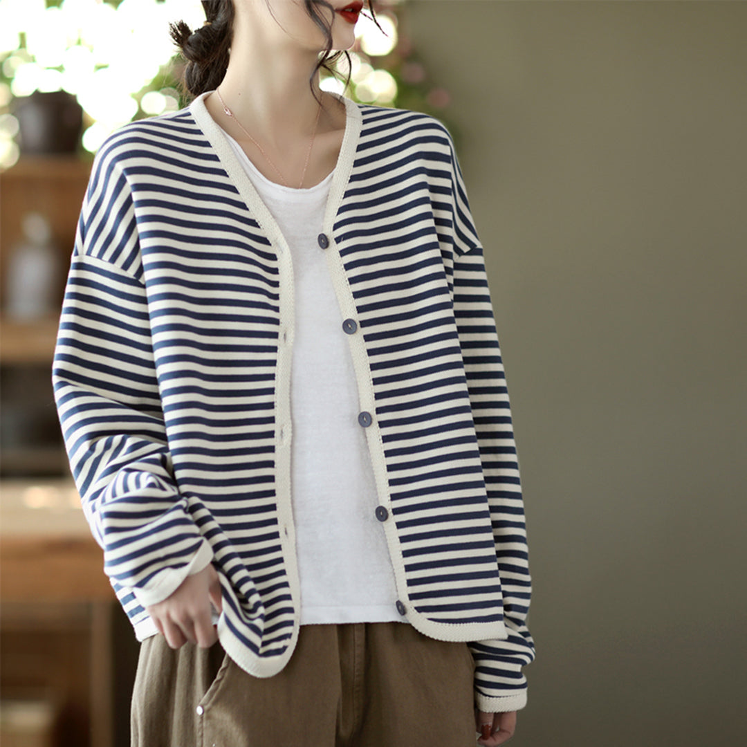 Autumn Striped Women Long-sleeved Cardigan Coat