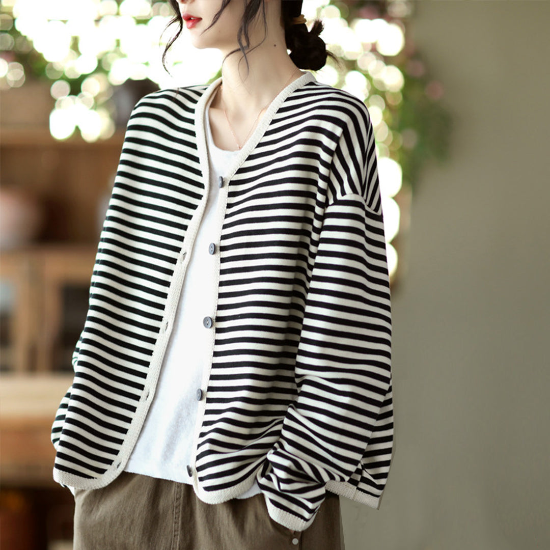 Autumn Striped Women Long-sleeved Cardigan Coat