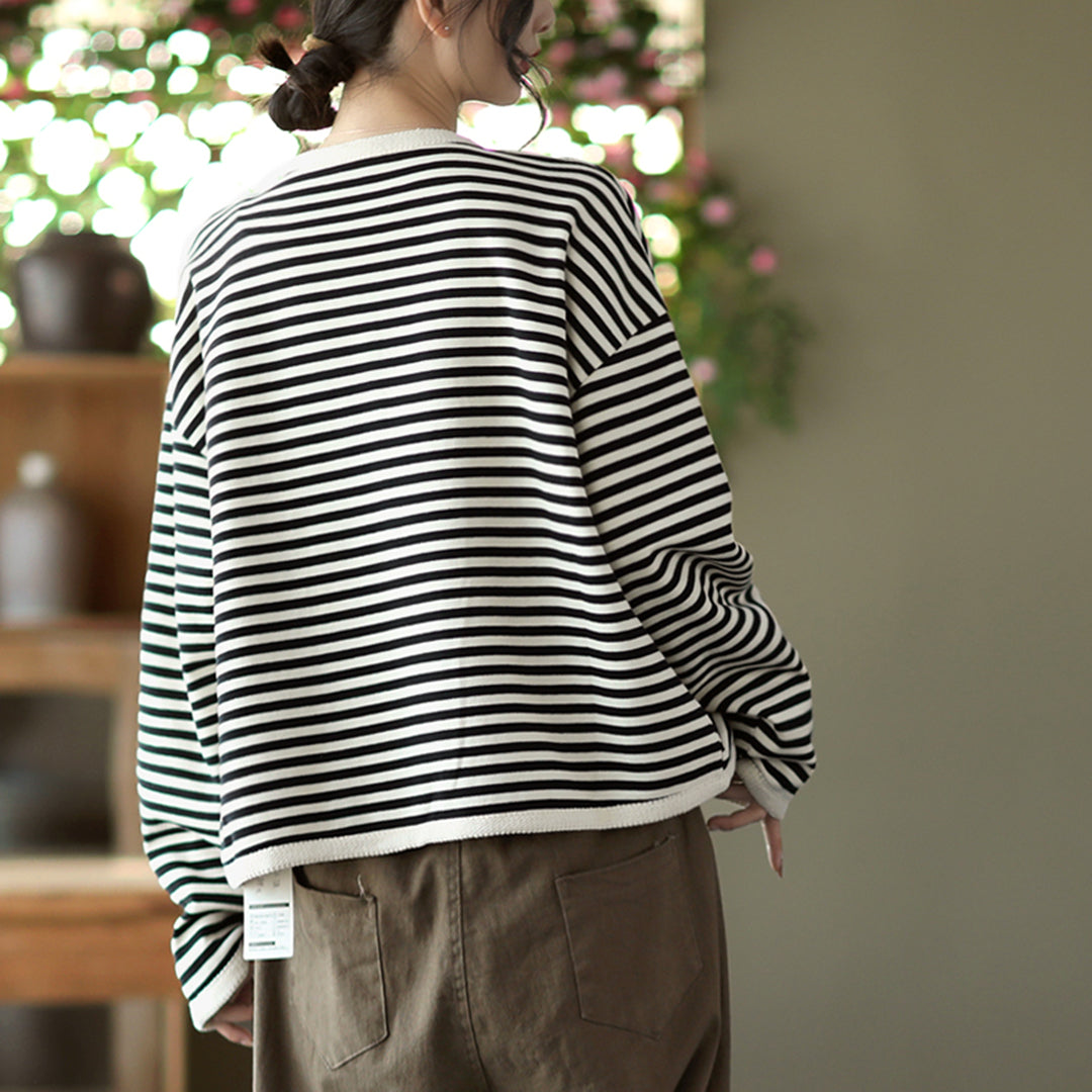 Autumn Striped Women Long-sleeved Cardigan Coat