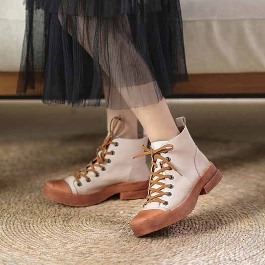 Beige Low Heel Leather Martin Boots - Luckyback