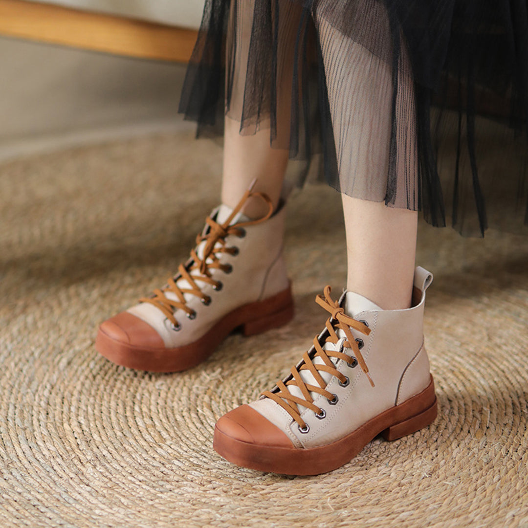Beige Low Heel Leather Martin Boots - Luckyback
