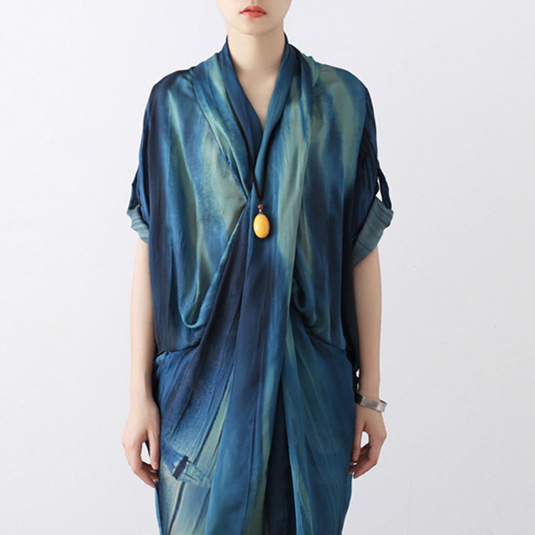 Blue Gradient Crossing V-Neck Dress - Luckyback