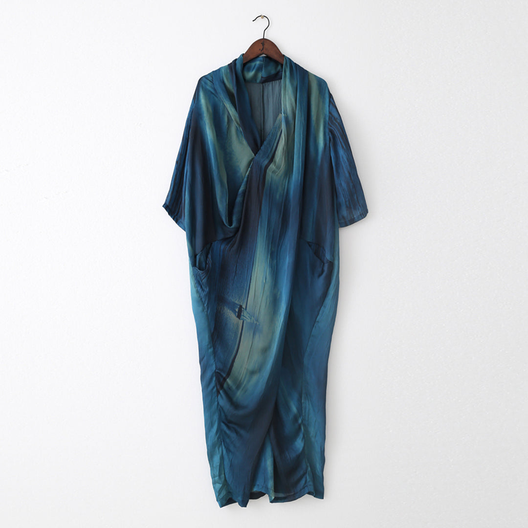 Blue Gradient Crossing V-Neck Dress - Luckyback