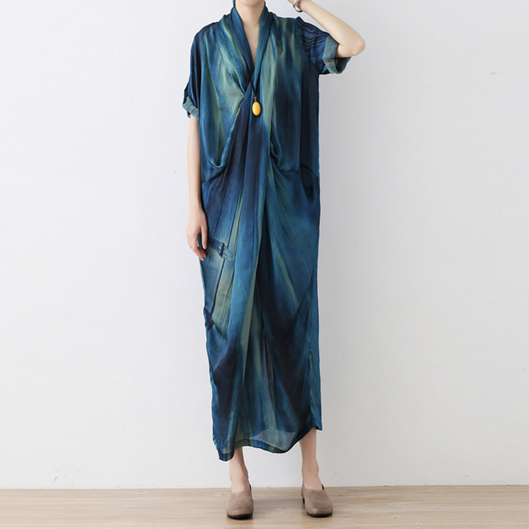 Blue Gradient Crossing V-Neck Dress - Luckyback
