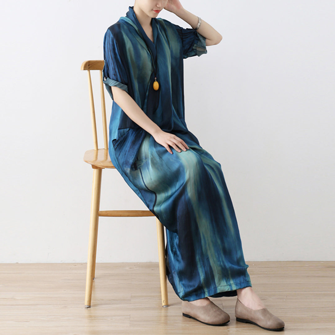 Blue Gradient Crossing V-Neck Dress - Luckyback