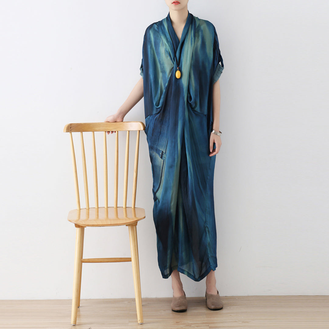 Blue Gradient Crossing V-Neck Dress - Luckyback