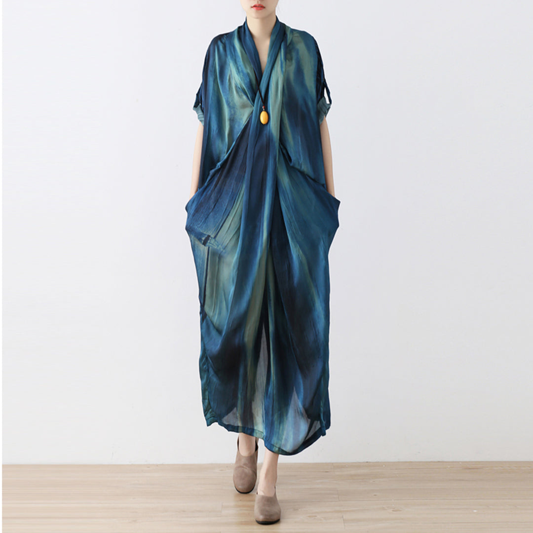 Blue Gradient Crossing V-Neck Dress - Luckyback