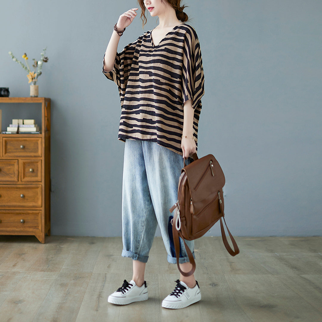 Breathable High-Low Stripe Batwing Linen Blouse