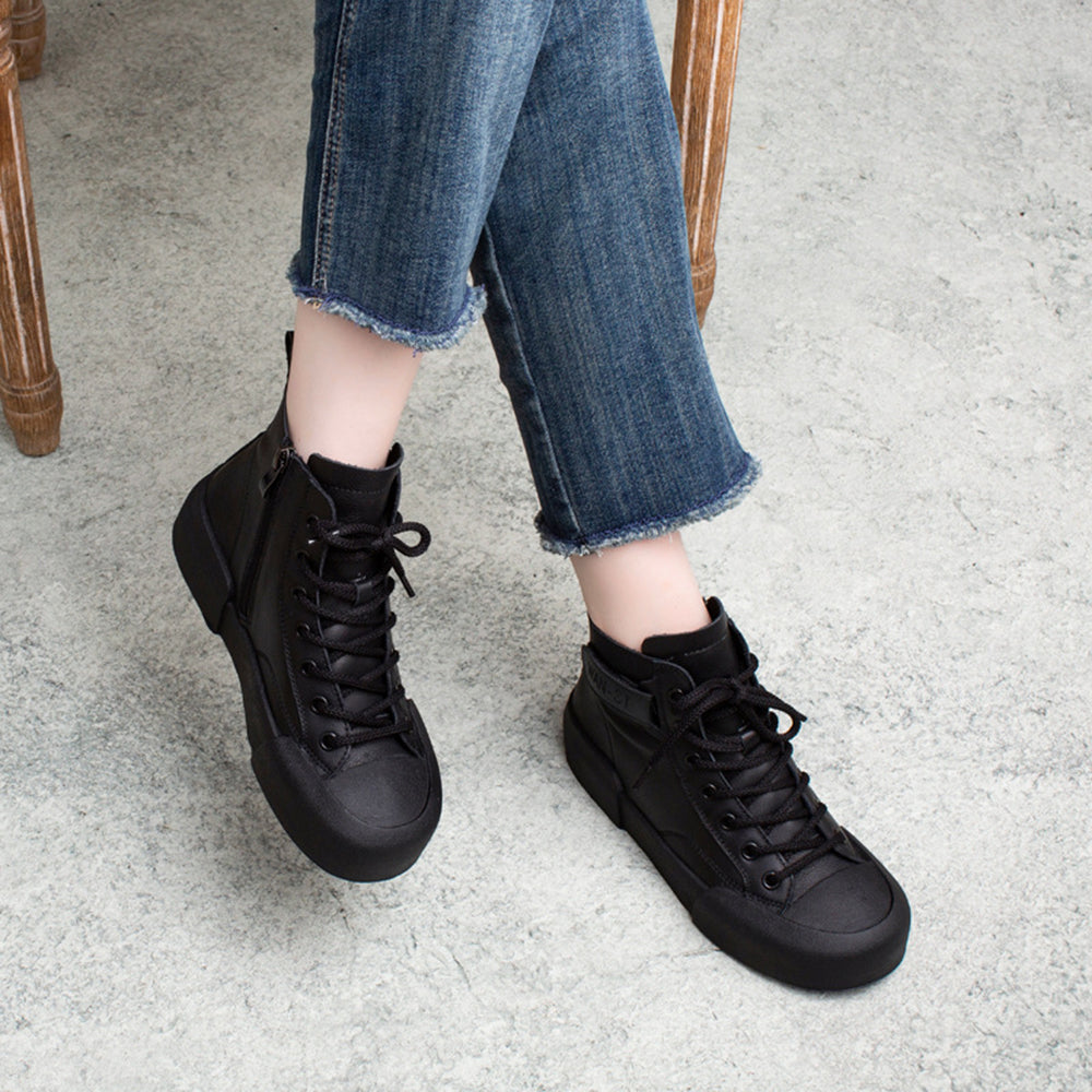 British Style Round Toe Lace-up Soft Boots