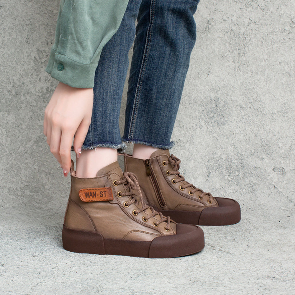 British Style Round Toe Lace-up Soft Boots