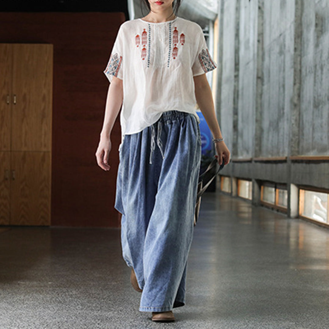 Casual Blue Shift Wide Leg Denim Pants - Luckyback