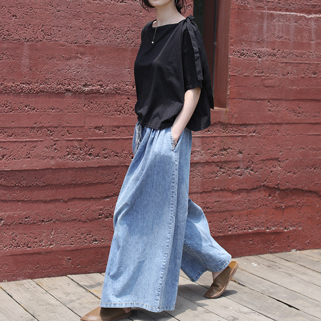Casual Blue Shift Wide Leg Denim Pants - Luckyback