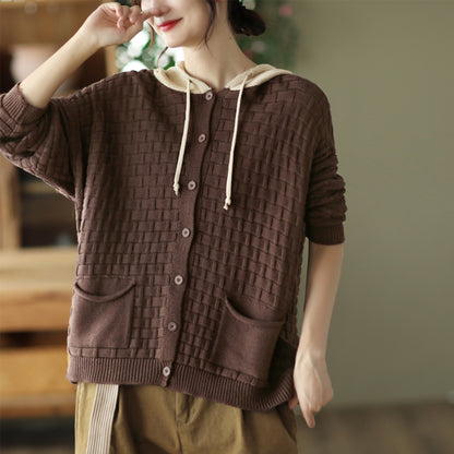 Color-Block Drawstring Plaid Knitted Jacket