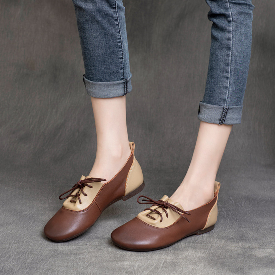 Color-Block Lace-Up Flat Leather Shoes - Luckyback