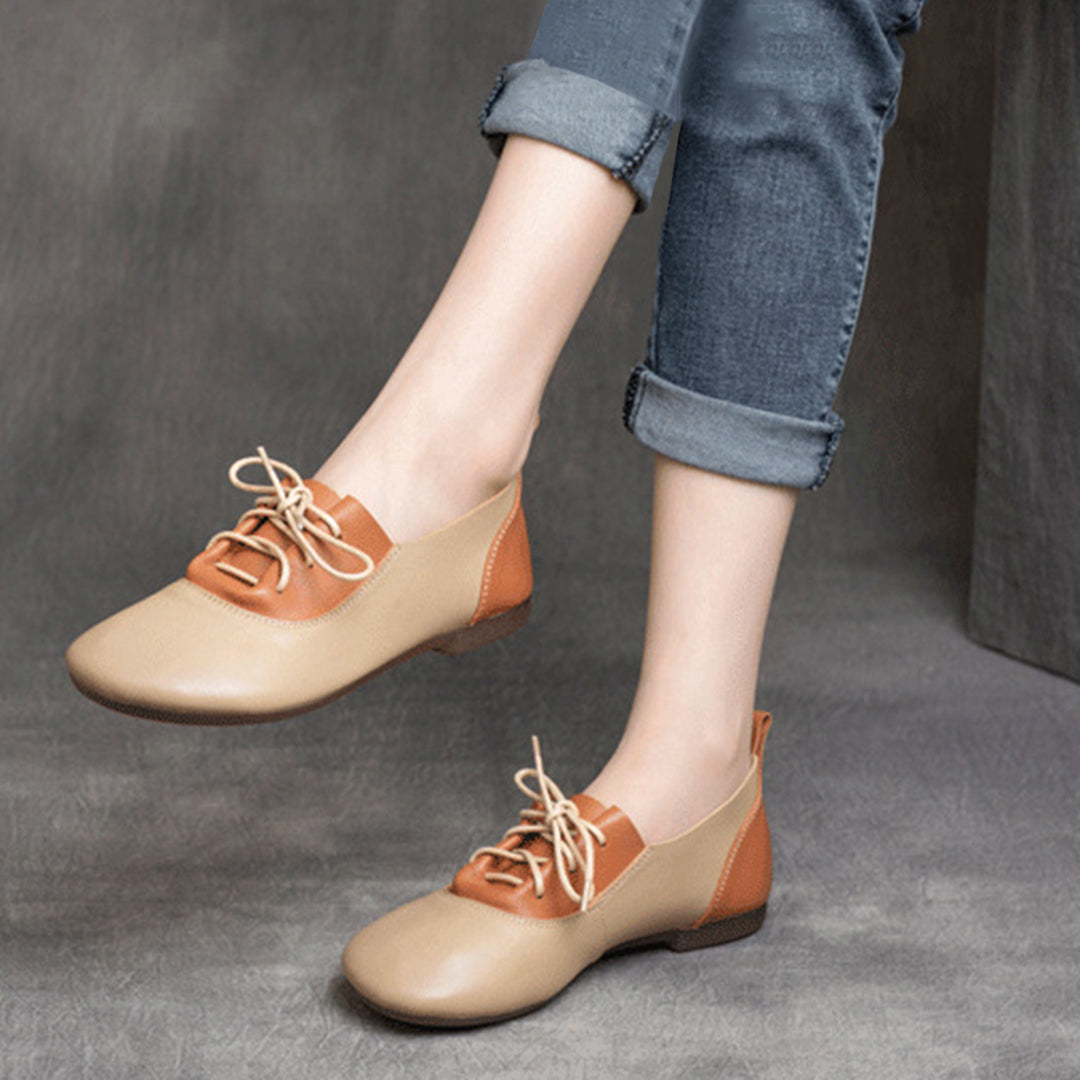 Color-Block Lace-Up Flat Leather Shoes - Luckyback