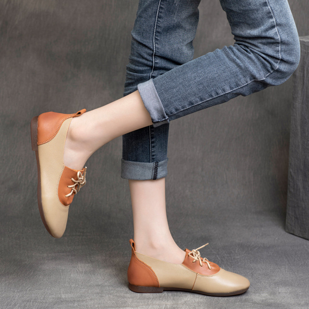 Color-Block Lace-Up Flat Leather Shoes - Luckyback