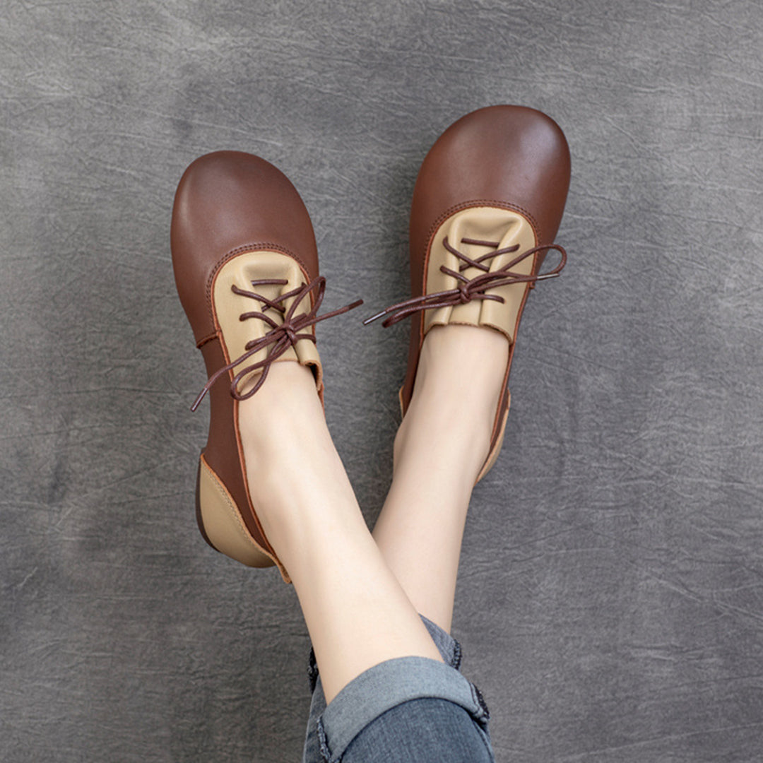 Color-Block Lace-Up Flat Leather Shoes - Luckyback