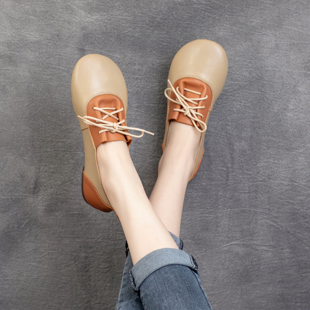 Color-Block Lace-Up Flat Leather Shoes - Luckyback