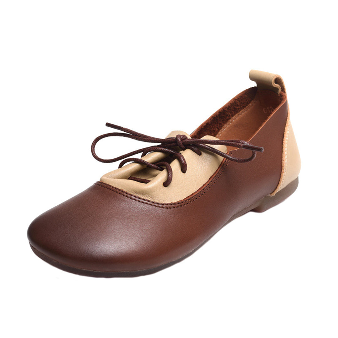 Color-Block Lace-Up Flat Leather Shoes - Luckyback