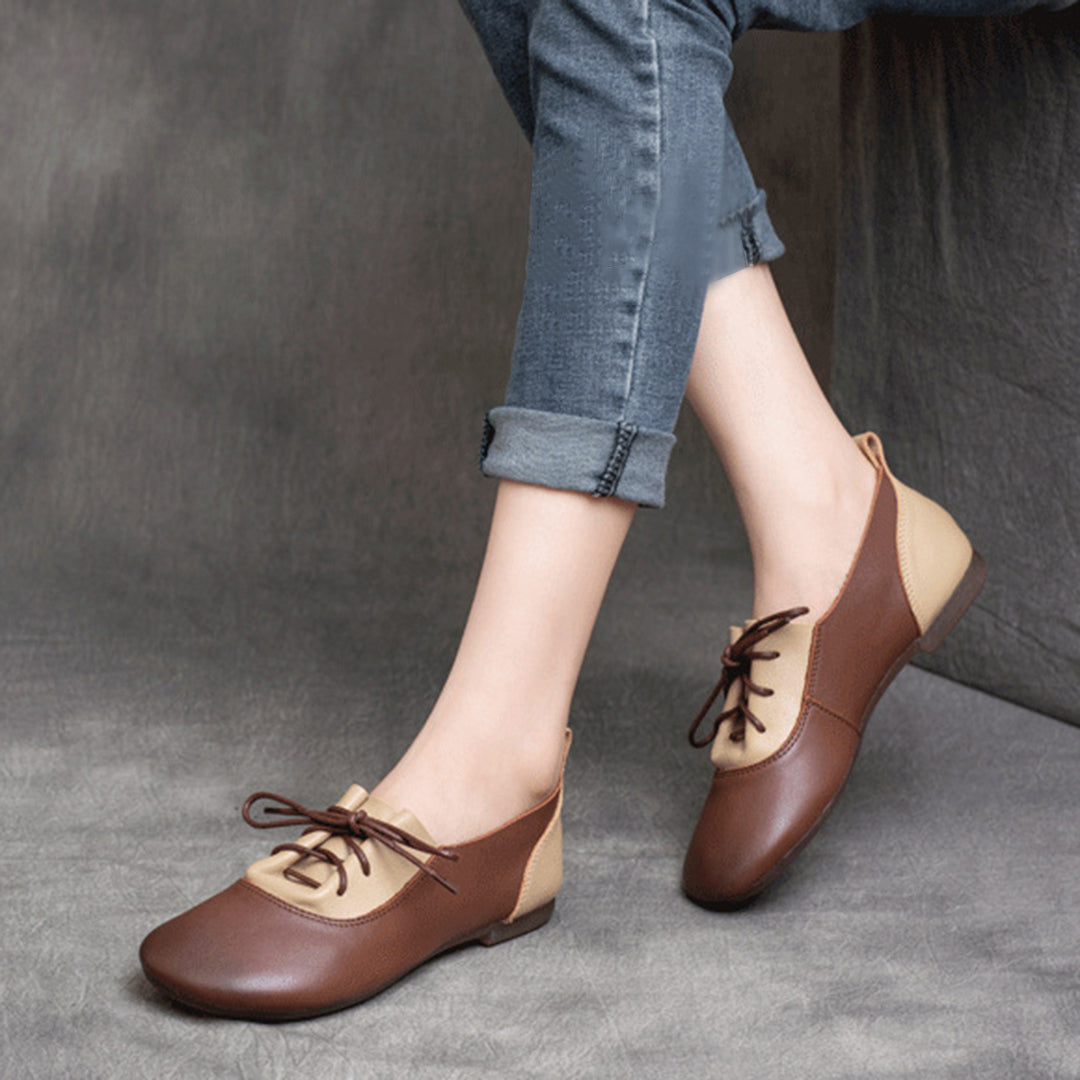 Color-Block Lace-Up Flat Leather Shoes - Luckyback