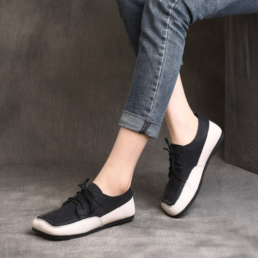 Color Block Square Toe Lace Up Flat Shoes - Luckyback