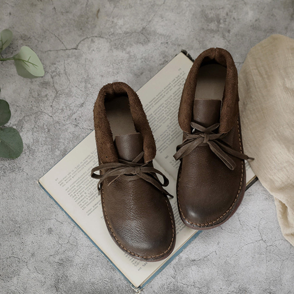 Cowhide Handmade Women Lace-Up Ankle Boots