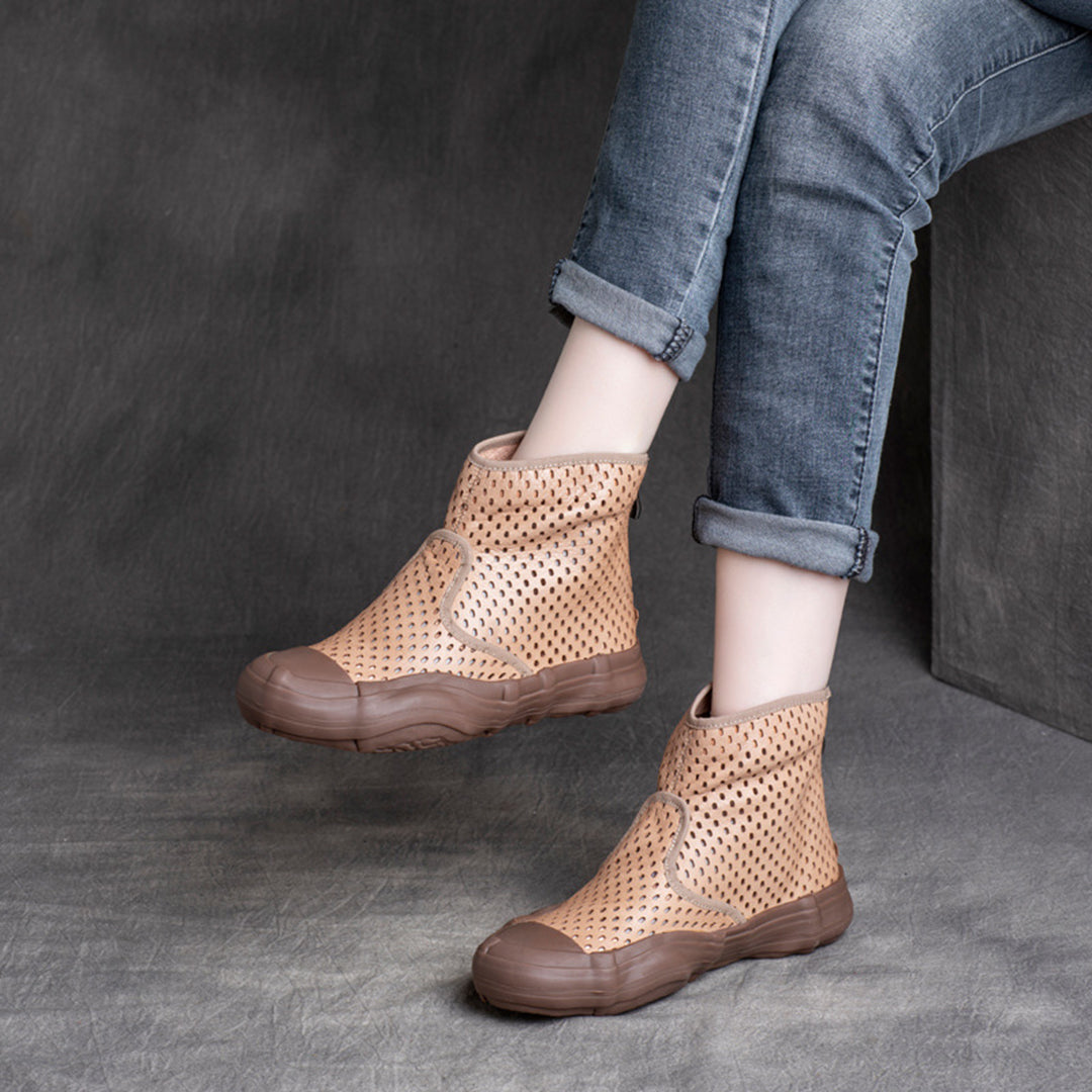 Cowhide Hollow-Out Martin Boots Single Sandals With Zippers