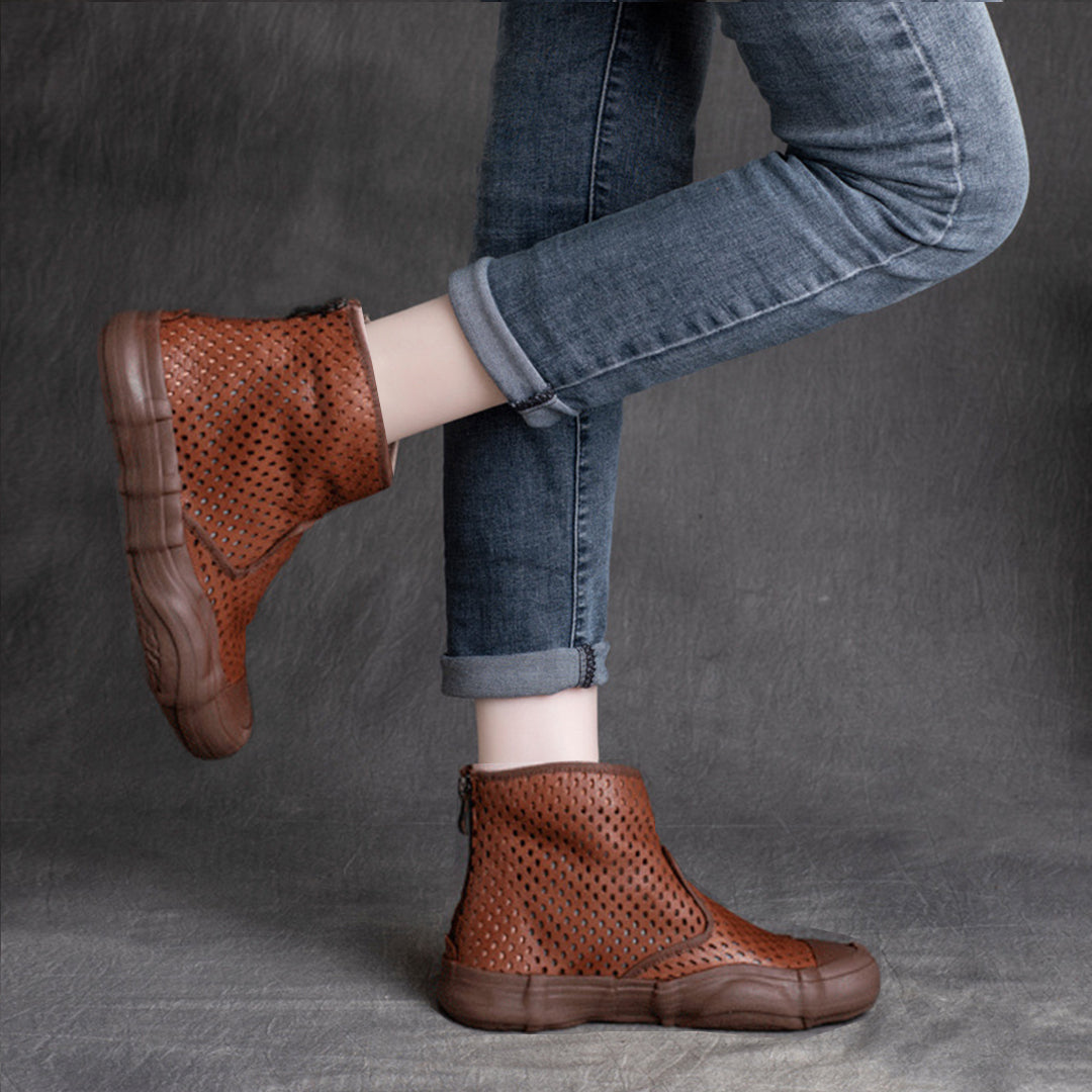 Cowhide Hollow-Out Martin Boots Single Sandals With Zippers