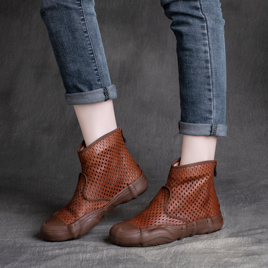 Cowhide Hollow-Out Martin Boots Single Sandals With Zippers