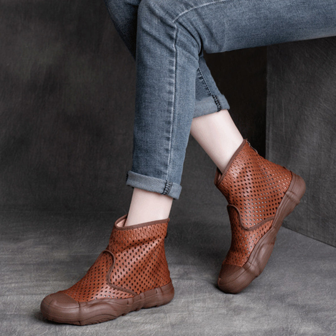 Cowhide Hollow-Out Martin Boots Single Sandals With Zippers