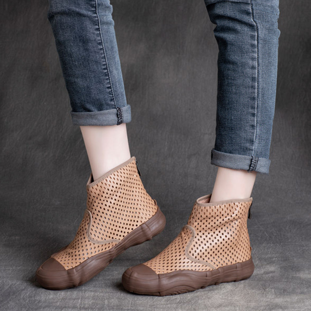 Cowhide Hollow-Out Martin Boots Single Sandals With Zippers